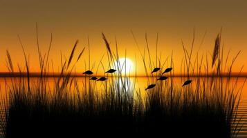 canna sagome nel il primo piano seguito di tramonto S caldo splendore foto