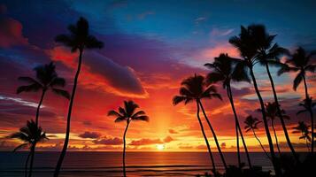 colorato drammatico tramonto cielo al di sopra di waikiki con palma albero sagome oceano primo piano foto