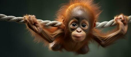 giovane Sumatra orangutan 4 mesi sospeso di un' cordone foto