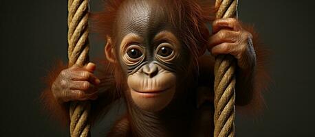 giovane Sumatra orangutan 4 mesi sospeso di un' cordone foto