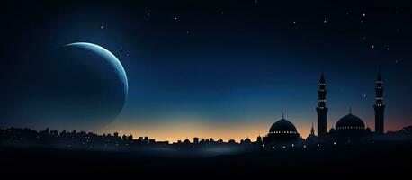 islamico religioso simbolo silhouette di moschee cupola e mezzaluna Luna contro crepuscolo cielo con testo spazio per Ramadan eid al adha eid al Fitr e mubarak foto