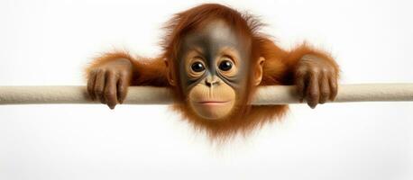 bambino Sumatra orangutan su bianca sfondo sospeso a partire dal corda foto