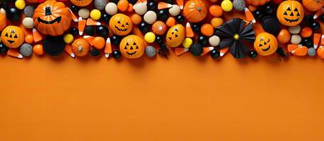 sparpagliato caramella e decorazioni su Halloween a tema confine visto a partire dal sopra al di sopra di arancia bandiera foto