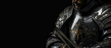 parziale Visualizza di blindato cavaliere brandendo spada isolato su nero foto