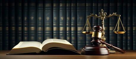 legale legge e giustizia concetto Aperto legge libro con un' di legno giudici martelletto nel un' aula o legge rinforzo ufficio foto