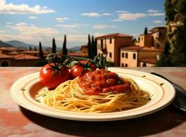 pasta con carne salsa e alcuni pomodori foto