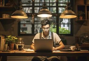 giovane uomo Lavorando con il computer portatile a casa foto
