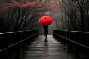 persona con rosso unbrella sotto il pioggia foto