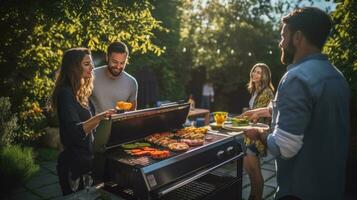 giovane famiglia è grigliate a il barbecue foto