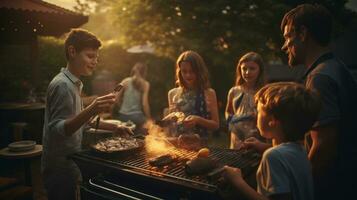 giovane famiglia è grigliate a il barbecue foto