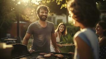 giovane famiglia è grigliate a il barbecue foto