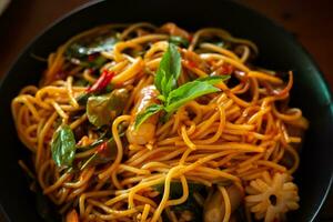 vicino su. kee mao spaghetti, calamaro, nero piatto su Marrone di legno tavolo, Questo menù ha origine a partire dal il fusione di Locale tailandese cibo e il cibo di il Cinese immigrati nel Tailandia. foto