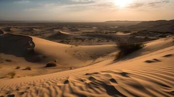 paesaggio di un' caldo deserto con sabbioso onda nel il sera. ai generato foto