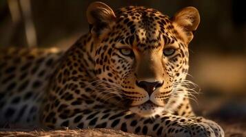 feroce carnivoro leopardo sedersi e rilassato e sguardo fisso a qualcosa con natura sfondo. ai generato foto