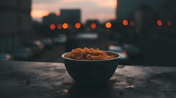 un' ciotola di spaghetto nel travolgente città architettura a il sfondo a tramonto. ai generato foto