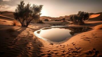 mattina riflessione a il oasi acqua, sereno paesaggio a il deserto. ai generato foto