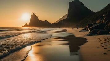 vivace arancia tramonto paesaggio di il mare spiaggia e chiaro cielo d'oro ora sera, bellissimo roccioso scogliera a il spiaggia natura sfondo. ai generato foto