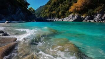 paesaggio di grande bellissimo trasparente turchese fiume fluente fra natura scogliera foresta. ai generato foto