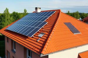 fotovoltaico sistema su il tetto di un' Residenziale Casa creato con generativo ai tecnologia. foto