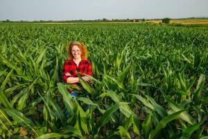 ritratto di allegro femmina contadino chi è coltivando Mais. agricolo occupazione. foto