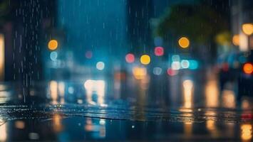 piovoso giorno nel il città, sfocato bokeh sfondo ai generato foto