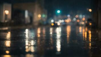 piovoso notte nel il città, sfocato sfondo e bokeh ai generato foto