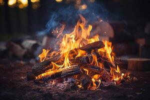 avvicinamento di un' falò ardente fuoco nel il mattone camino falò su buio sfondo naturale sfondo illuminato falò. generativo ai foto