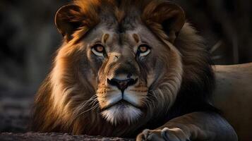 vicino su ritratto feroce carnivoro maschio Leone sedersi e riposo, sguardo fisso o guardare a il savana deserto sfondo. ai generato foto