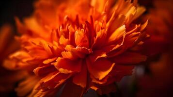 macro vicino su arancia Riccio ondulato calendula fiori su nero sfondo.ai generato foto