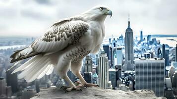 bianca gyrfalcon uccelli in piedi nel il alto terra città sfondo. ai generato foto