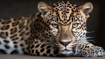 feroce carnivoro leopardo sedersi e rilassato e sguardo fisso a il telecamera con buio sfondo. ai generato foto