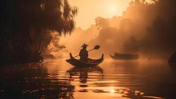 silhouette di un' uomo su un' barca, riflettendo nel calma acqua, durante un' sereno mattina. ai generato foto