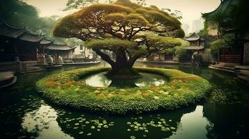 sbalorditivo giardino nel il centro di il stagno con specchio piace stagno riflessione, con natura bellezza orientale padiglione. ai generato foto