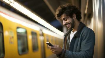 contento giovane uomo con smartphone nel metropolitana foto