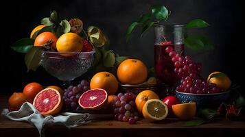 impostato di frutta o vario mescolare salutare frutta su studio tiro a il tavolo buio sfondo. assortimento di frutta. ai generato foto