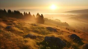 nebbioso mattina paesaggio con rotolamento colline, foresta, e d'oro Alba, roccia e pascolo. ai generato foto