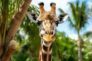 testa di un' giraffa su un' verde campo con alberi in giro foto