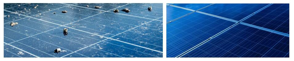 superiore superficie di fotovoltaico o celle a energia solare pannelli, sporco pannelli e pulito pannelli dopo lavaggio, ritagliata sparo, concetto per lavaggio e pulizia per il efficienza di Lavorando sistema di solare cellule. foto