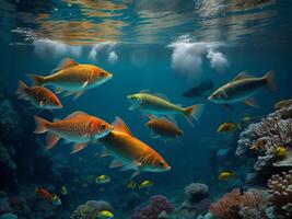 un' gruppo di pesce nuoto nel il oceano ai generato foto