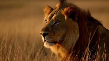 vicino su ritratto a partire dal lato viso feroce carnivoro maschio Leone sguardo fisso o guardare dritto inoltrare a il savana deserto sfondo. ai generato foto