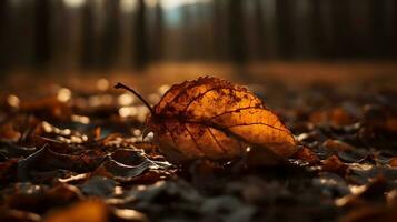 autunno foresta, terroso macro fotografia di asciutto le foglie e selettivo messa a fuoco su le foglie. ai generato foto