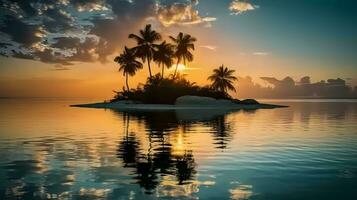 tranquillo tramonto scena al di sopra di tropicale spiaggia nel un isola con palma alberi e calma mare, riflettendo nuvole. ai generato foto