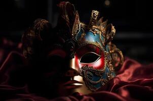 un' rosso blu oro con oro dettaglio pieno viso carnevale maschera Festival bellissimo con buio studio tiro per concetto e commerciale Usato. ai generato foto