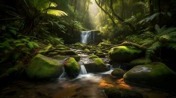 paesaggio di bellissimo nebbioso cascata nascosto nel il in profondità giungla e fiume flusso ombreggiatura fra il alto albero a il natura. ai generato foto