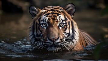 vicino su ritratto feroce carnivoro tigre sguardo fisso o guardare a il telecamera e ottenere su a partire dal il acqua. ai generato foto