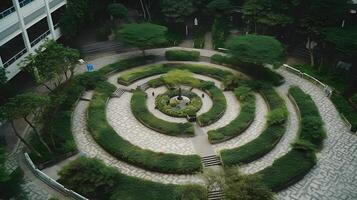 un' verde cerchio artistico architettonico giardino e un' posto per appendere su nel il centro di costruzione. ai generato foto