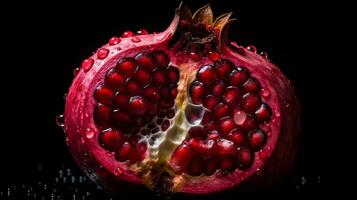 affettato di rosso Melograno o punica granatum frutta con acqua gocce isolato su nero sfondo. ai generato foto