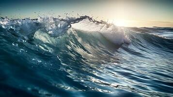 un' piccolo onda a il blu acqua mare con chiaro blu cielo a il sera bene per sfondo e sfondo. ai generato foto