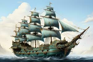 Visualizza di pirata nave nel soleggiato oceano ,classico nave paesaggio ,generativo ai foto