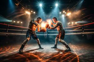 Visualizza di un' boxe incontro nel il squillare ,generativo ai foto